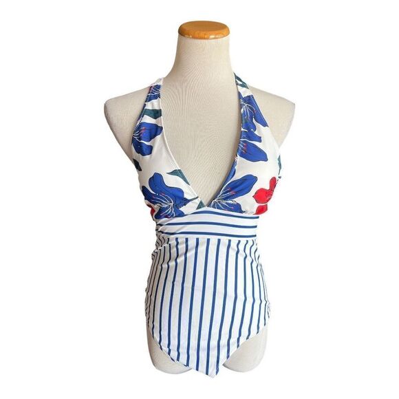 NWT Womens Phurro Deep V Contrast Halter Floral Swimsuit - Sz M - Picture 1 of 1